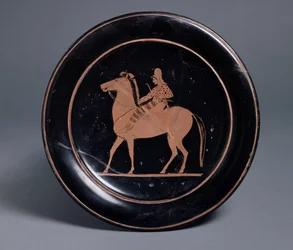 Attic Red-Figure Plate Decorated with Mounted Archer, by Paseas, Greek from Chuisi, c.520-510 BC